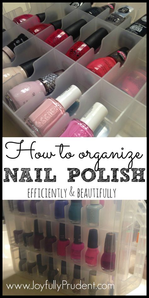 How to organize nail polish. Organized nail polishes in a neat plastic container that's visible and easy to access. Joyfully Prudent Blog Nail Storage Ideas, Organize Nail Polish, Nail Supplies Organization, Nail Polish Dry Faster, Nail Organization, Cheap Nail Polish, Nail Polish Holder, Nail Polish Gift, Polish Display