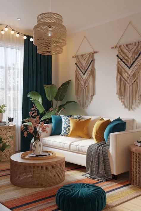 Cozy living room with a beige sofa, colorful cushions, and bohemian decor. Neutral Decor With Pops Of Color, Pops Of Color Decor, Boho Colorful Living Room, Colorful Boho Living Room, Chic Boho Living Room, Indian Living Room Decor, Boho Chic Interior Design, Vibey Apartment, Boho Apartment Decor