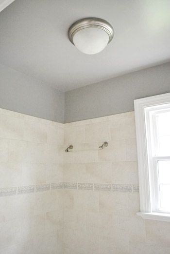 in a bathroom, paint the ceiling same as walls (or 1 tint lighter for illusion of same, depending on lighting) Grey Bathroom Paint, Rockport Gray, Best Gray Paint, Best Gray Paint Color, Bathroom Grey, Grey Ceiling, Young House, Beige Tile, Young House Love