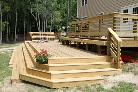 Awesome deck my husband built us L Shaped Deck, Pool Shed Ideas, Corner Deck, Backyard Renovation, Tiered Deck, Pool Shed, Deck Repair, Deck Makeover, Privacy Wall