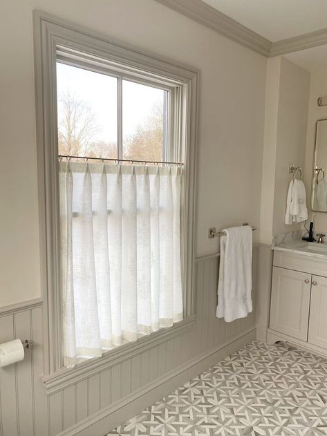 Window Treatments 101: Updated | elements of style | Bloglovin’ Sheer Cafe Curtains, Bath Window, Bathroom Window Curtains, Half Curtains, Bathroom Window Treatments, Erin Gates, Bathroom Windows, Pet Peeves, Upstairs Bathrooms