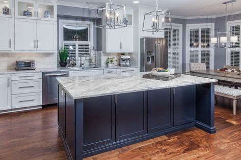 BLUE ISLAND KITCHEN - Traditional - Kitchen - Atlanta - by StoneUnlimited Kitchen and Bath Remodeling | Houzz Navy Blue Island Kitchen, Beach Kitchen Ideas Coastal Colors, White Kitchen Navy Island, White Kitchen With Blue Island, Blue Island Kitchen, Beach Kitchen Ideas, Dark Blue Kitchens, Grey Blue Kitchen, Gray Island