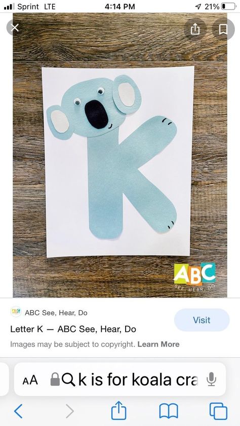 K Is For Koala Craft, Letter K Craft, K Is For Kangaroo, Letter K Crafts, Koala Craft, Letter Learning, Letter Crafts, K Crafts, Alphabet Crafts