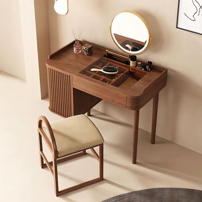 This vintage minimalist solid wood vanity brings a dual sensory experience to your grooming moments with its unique wavy cabinet design. The sunken storage space and the see-through brown glass window not only offer convenient storage solutions but also elegantly display your cosmetics and jewelry. The flip-up hidden storage cabinet places frequently used tall and short bottles within easy reach, simplifying the makeup process. The multi-drawer design, combined with an intelligent high-definitio Small Room Vanity Ideas, Wavy Cabinet, Small Room Vanity, Brown Vanity, Makeup Process, Tall And Short, Room Vanity Ideas, Freshman Dorm, Bedroom Trends