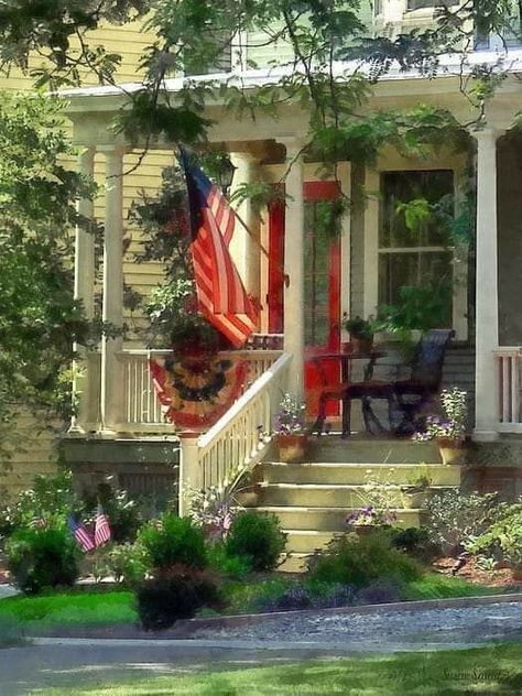 American Flag On House, Flag On House, Farm Porch, Pretty Porches, English Cottages, Pumpkin Queen, Small Cottage Homes, Americana Art, Stone Patio