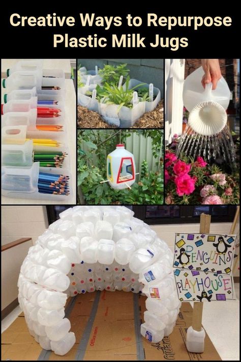 Hopefully, you've been recycling all those empty milk jugs but here are some great upcycling ideas instead. There are lots of clever uses for empty plastic milk jugs! So why throw away a milk jug when they can come in handy in so many ways? Do you have a repurposing idea for plastic milk jugs you would like to add to the list? Gallon Jugs Crafts, Recycled Milk Jug Crafts, Milk Jug Projects, Recycling Projects For School, Milk Jugs Diy, Milk Jugs Garden, Milk Bottle Craft, Milk Bottle Diy, Milk Jug Crafts