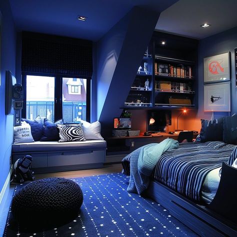 #fanfiction Dark Blue Kids Room, Dark Blue Boys Bedroom, Preteen Boys Bedroom Ideas, Blue Ceiling Bedroom, Older Boys Bedrooms, Royal Blue Bedrooms, Rustic Boys Room, Boys Room Colors, Cool Teen Rooms