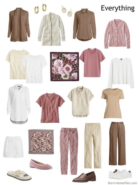 What To Wear With Mauve Pants, Soft Summer Clothes, Pink Capsule Wardrobe, Warm Spring Outfits, Primavera Outfit, Travel Capsule Wardrobe Summer, Wardrobe Colors, Clothes Capsule Wardrobe, Pink Wardrobe