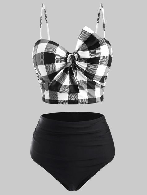 Plaid Bowknot High Rise Tankini Swimwear #Ad , #affiliate, #High, #Bowknot, #Plaid, #Swimwear, #Tankini Ruched Tankini, Tankini Swimwear, Swimsuit With Shorts, Swimwear Tankini, Beach Swimsuit, Tankini Swimsuits, Bra Styles, Swimwear Fashion, Jet Black