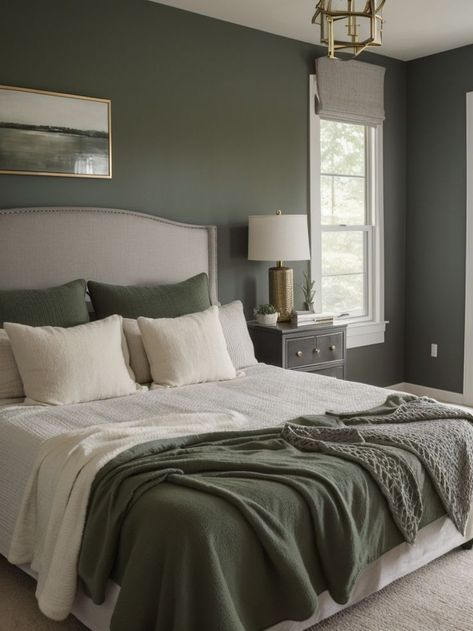 Dark Green Accent Wall, Grey Green Bedrooms, Grey Bedroom Paint, Dark Green Rooms, Green Accent Wall, Gray Upholstered Headboard, Gray Bedding, Green Headboard, Colorful Bedroom Decor