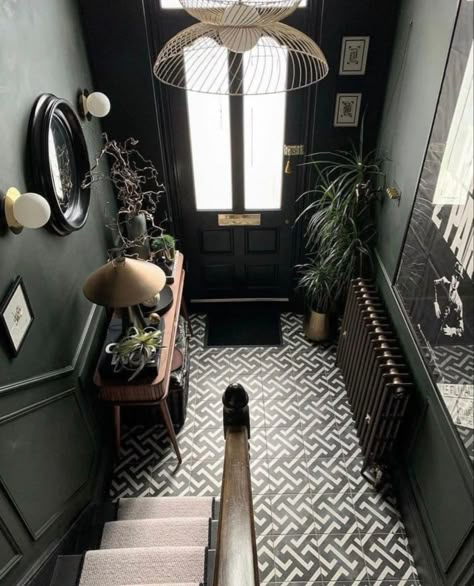 Hallway Inspiration, Maximalist Design, Hallway Stairs, Hall Stairs, Hallway Designs, Casa Vintage, Dark Home Decor, Dark Home, White Tiles