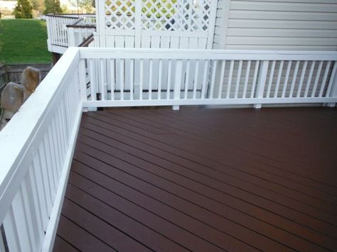 deck color ideas | Solid Deck Stain - oil-based. Try Cabot Solid in Cinnamon. Porch Paint Colors, Deck Paint Colors, Dark Deck, Deck Staining, Deck Stain Colors, Deck Sealing, Tan House, Deck Cleaning, Porch Paint