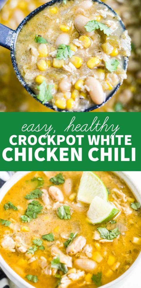 Protein Beans, Healthy White Chicken Chili, Clean Eating Crockpot, White Chicken Chili Recipe, Chicken Crockpot Recipes Healthy, Clean Eating Soup, Chicken Chili Crockpot, White Bean Chicken Chili, Creamy White Chicken Chili