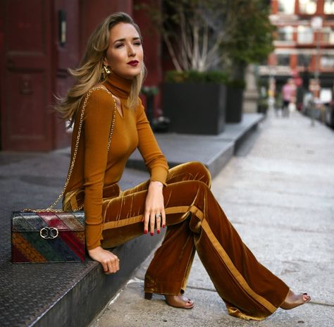 TREND MEMO: Velvet //  Marigold cut out long sleeve turtleneck, velvet gold tuxedo striped wide leg trousers, multi jewel toned handbag and sculptural gold earrings {ALC, Tory Burch, Veronica Beard, Amber Sceats, fall winter 2017 trends, fall trends, classic style, velvet, marigold} Outfit Pantalon Rojo, Striped Wide Leg Trousers, Brown Pants, Black Women Fashion, Long Sleeve Turtleneck, Mode Vintage, 70s Fashion, Teen Fashion, Latest Fashion Trends