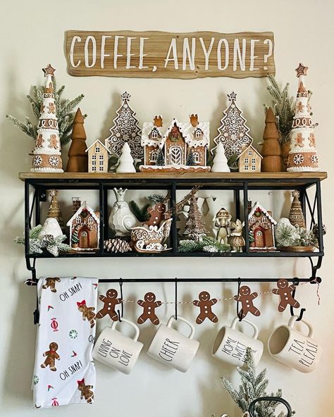 Gingerbread Theme Christmas Decor, Gingerbread Cocoa Bar, Gingerbread Coffee Bar, Gingerbread Coffee Bar Decor, Ginger Bread Kitchen Decorations, Gingerbread Theme Kitchen Decor, Christmas Coffee Bar, Gingerbread Kitchen Decorating Ideas, Ginger Bread Tiered Tray