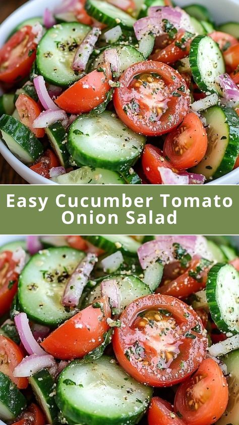 Easy Cucumber Tomato Onion Salad Low Calorie Cucumber Salad, Tomatoe Cucumber Salad, Tomato Cucumber And Onion Salad, Vinegar Cucumber Salad, Cucumber Tomato Onion Salad, Tomato Onion Salad, Cucumber Salad Recipes, Cucumber And Onion, Tomato And Cucumber Salad