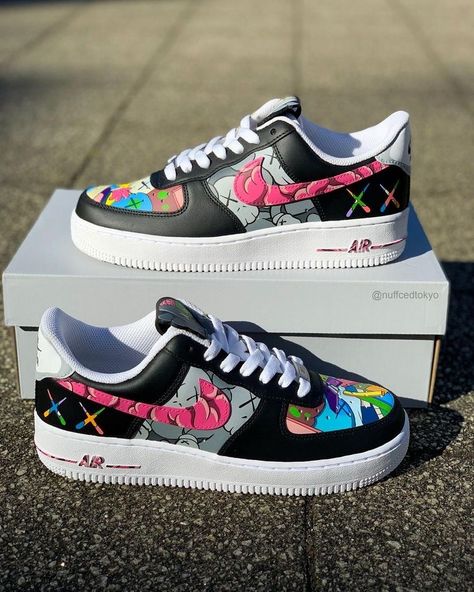 Customised Sneakers For Men, Costum Air Force 1, Kaws Custom Shoes, Nike Custom Shoes Air Force, Custom Nike Shoes Air Force, Air Force 1 Custom Ideas, Custom Air Force 1 Ideas, Customized Air Force 1, Customised Shoes