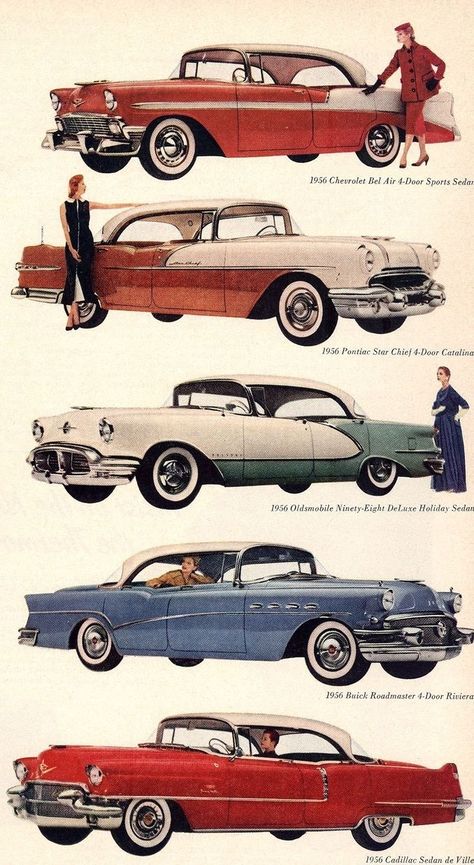 The Nifty Fifties — General Motors 1956 models. Car Advertisement, 50s Cars, Vintage Auto's, Automobile Advertising, Auto Retro, American Classic Cars, Car Advertising, Old Car, Rat Rods