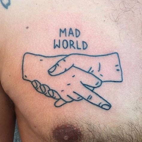 Mad World Tattoo, Antisocial Tattoo, Handshake Tattoo, Ignorant Tattoos, Explore Tattoo, Make Tattoo, World Tattoo, Mad World, Book Tattoo