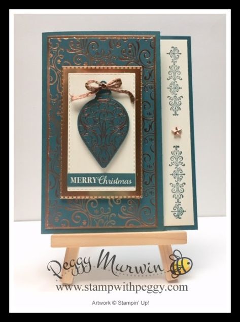 Christmas Gleaming Stamp Set, Brightly Gleaming Designer Paper, Copper Trim, Christmas Card, Stamp with Peggy Ornate Garden, Christmas Cards 2018, Create Christmas Cards, Christmas Card Ornaments, Handcrafted Cards, Ornament Card, Hand Made Greeting Cards, Homemade Christmas Cards, Stampin Up Christmas Cards