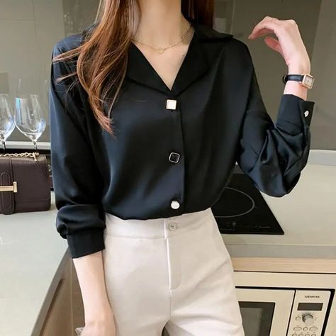 Long Sleeve Chiffon Shirt, Ladies Chiffon Shirts, Winter Blouses, Chiffon Style, Basic Blouses, Chiffon Fashion, Shirts Women Fashion, Chic Blouses, Winter Fabric