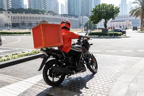 Photo a food delivery courier is driving... | Premium Photo #Freepik #photo #delivery-scooter #motoboy #motor-delivery #rider Big Backpack, Takeaway Food, Big Backpacks, Bike Travel, Bike Trips, Motorcycle Riders, Food Delivery, Vroom Vroom, Nature Travel