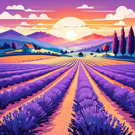 Lavender Illustration Wallpaper, Lavender Sunset Painting, Lavender Field Illustration, Fields Of Lavender Painting, Field Of Lavender Painting, Field Illustration, Break Of Dawn, Peaceful Morning, Lavender Field