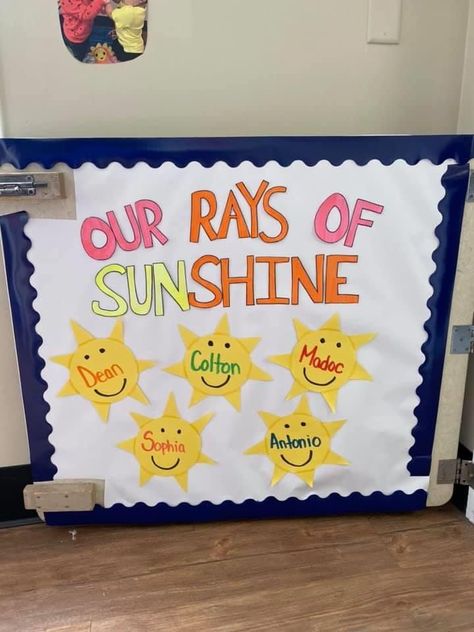 Cute Bulletin Boards For Infant Room, Weather Themed Classroom Door, June Boards For Preschool, Summer Doors For Daycare, One Year Old Bulletin Board Ideas, May Board Ideas Preschool, Infant Room Bulletin Board Ideas, Easy Bulletin Board Ideas Preschool, June Door Ideas For Daycare