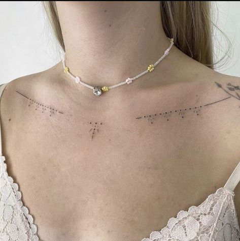 Sternum And Collarbone Tattoo, Collarbone Line Tattoo, Collarbone Ornamental Tattoo, Ornamental Collarbone Tattoo, Delicate Chest Tattoo, Ornamental Collar Bone Tattoo, Delicate Chest Tattoo Female, Collarbone Tattoos For Women, Ornamental Chest Tattoo