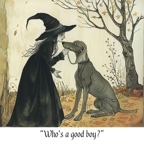 Are you a dog person? A cat person? Both? Neither? Witch And Dog Art, Halloween Dog Illustration, Spooky Dooky, Seasonal Pictures, Witch Season, October Daily, Dog Clip Art, Autumn Witch, Witch Pictures