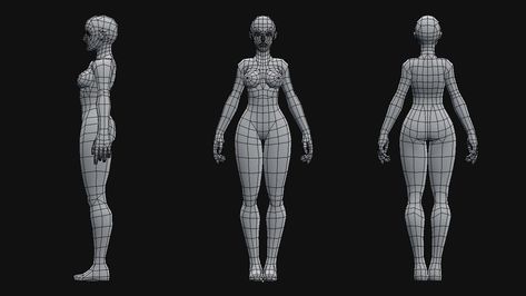 ArtStation - Low-Poly Female Base Mesh, Andrew Chacon Blender Topology, Low Poly Female, 3d Topology, Character Anatomy, 3d Karakter, Character Reference Sheet, Low Poly Character, Character Turnaround, Female Base