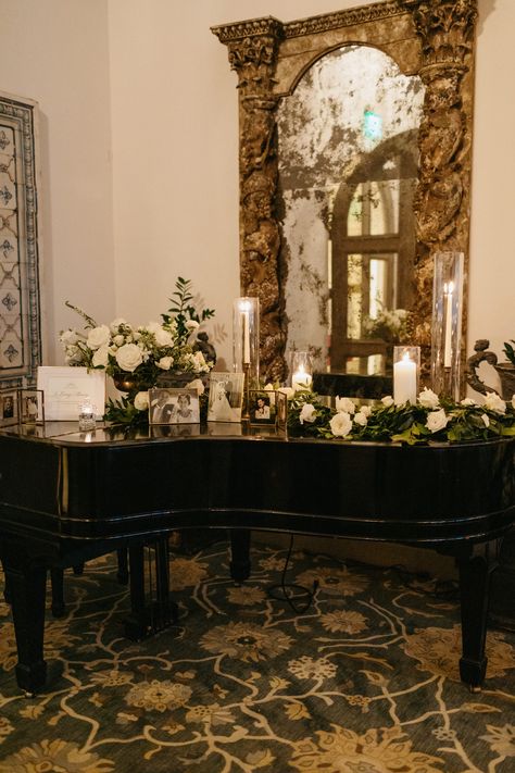 Piano Wedding Decor, Piano At Wedding, Memory Table Wedding Display, Memorial Table At Wedding, Wedding Entrance Table, Wedding Memory Table, Piano Wedding, Entrance Table Decor, Memory Table Wedding