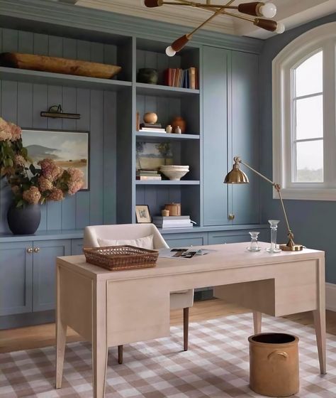 (1) Facebook Blue Office Room, Teal Bookshelves, Feng Shui Office Layout, Gray Room Ideas, Color In Interior Design, Compatible Colors, Blue Home Office, Blue Home Offices, Transitional Home Office