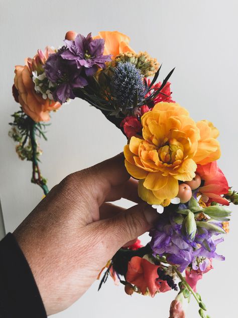 Flower Headdress Wedding, Jewel Tone Flower Crown, Spring Flower Crown Wedding, Jewel Tone Flower Crown Wedding, Flower Crown Colorful, Flower Crowns For Wedding, Bright Flower Crown, Flower Crown Real Flowers, Flower Crown Wildflowers