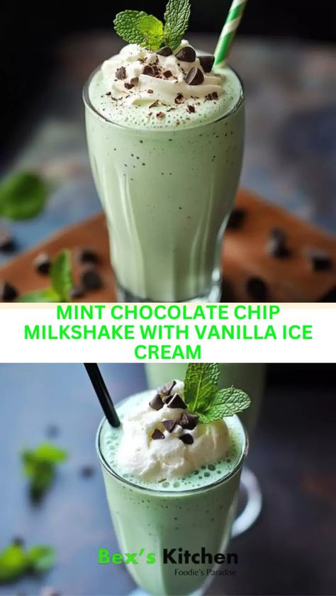 Mint chocolate chip milkshake with vanilla ice cream – Bex’s Kitchen Chocolate Chip Milkshake, Creamy Vanilla Ice Cream, Mint Milkshake, Mint Chocolate Chip Milkshake, Creami Recipes, Mint Chocolate Chip, Frozen Custard, Milkshake Recipes, Mint Candy