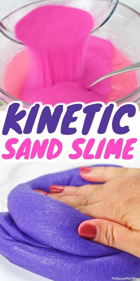 An awesome sensory play experience! Kinetic sand slime is stretchy with a unique texture like no other slime! Slime Activities For Kids, Osh Activities, Kinetic Sand Diy, Sand Slime Recipe, Slime Activities, Sensory Slime, Make Kinetic Sand, Diy Kinetic Sand, Crafts Slime