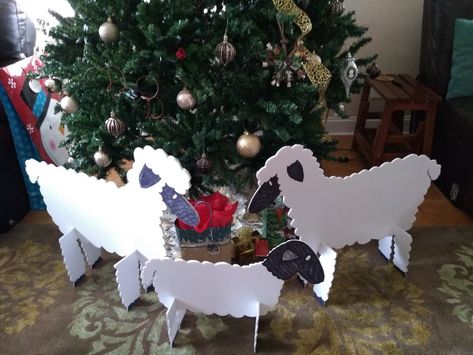 Sheep Props For Play, Cardboard Sheep Prop, Life Size Sheep Diy, Sheep Crafts For Adults, Sheep Cutout, Nativity Props, Nazareth Vbs, Sheep Diy, Diy Sheep