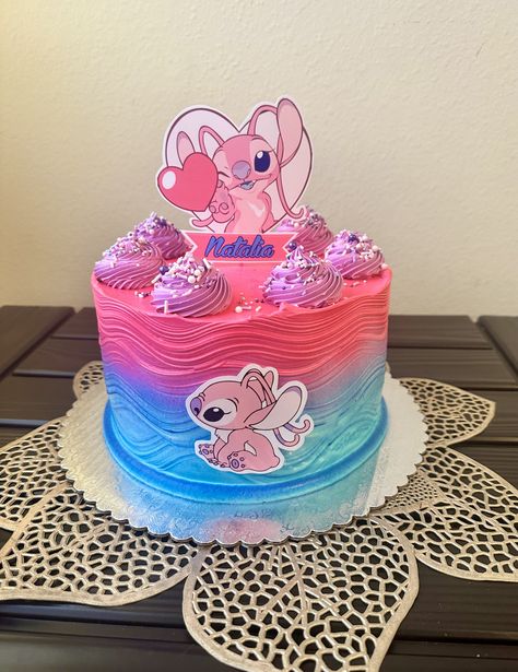 Angel Stitch Cake, Pink Stitch Cake, Stitch And Angel Birthday Cake, Stitch And Angel Cake, Angel Lilo And Stitch, Lilo And Stitch Cake, Angel Stitch, 7th Birthday Party Ideas, Stitch Cake