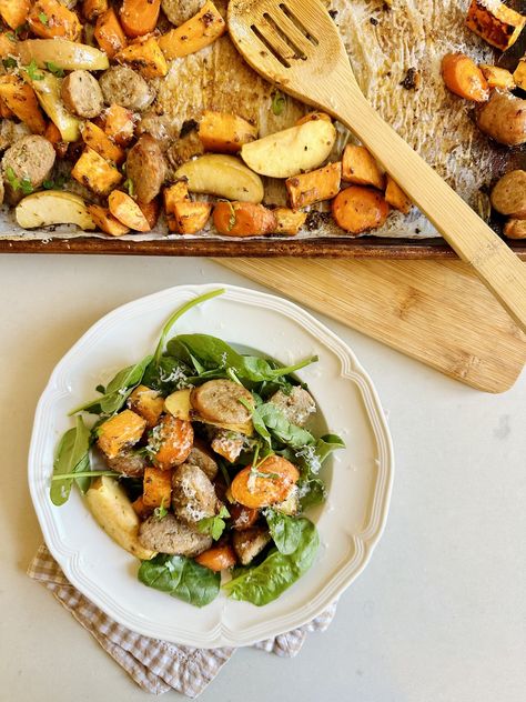 Sheet Pan Sausage, Sweet Potato and Apples — Christie's lovestory Sausage Sweet Potato Sheet Pan Dinner, Sausage Sweet Potato Sheet Pan, Autumn Sheet Pan, Sweet Potato And Apples, Dinner With Sausage, Sweet Potato Sheet Pan, Sausage Sweet Potato, Sheet Pan Sausage, Pan Sausage