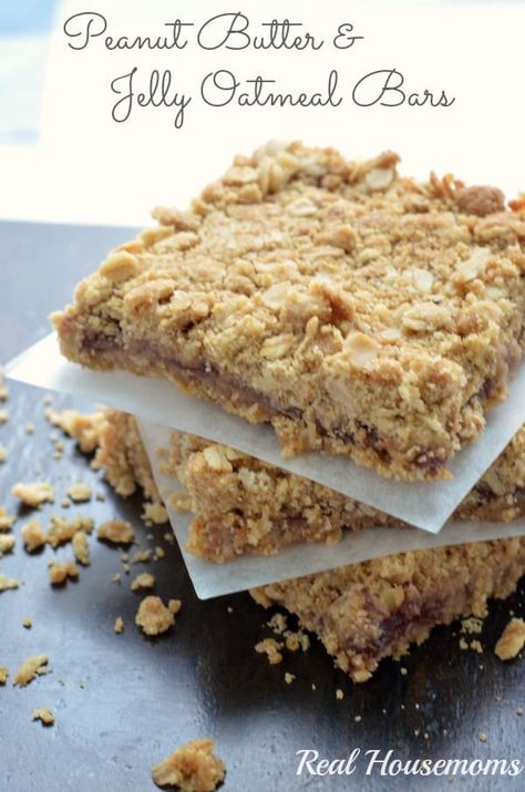 Peanut Butter and Jelly Oatmeal Bars - #cookie-bar #jelly #oatmeal #peanut-butter #desserts-recipes #recipes #realhousemoms Easy Strawberry Cheesecake, Strawberry Oatmeal Bars, Jelly Desserts, Potluck Desserts, Strawberry Oatmeal, Dessert Bar Recipe, Oatmeal Bars, Peanut Butter And Jelly, Peanut Butter Jelly