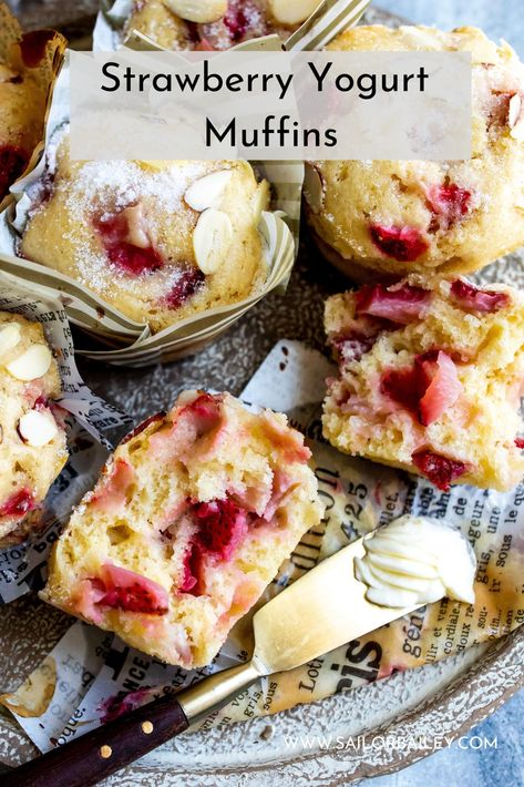 Strawberry yogurt muffins are addictive! Fresh strawberries and yogurt add moisture, they melt in your mouth. Ready in under 30 minutes. via @sailor_bailey Strawberry And Yogurt Recipes, Yogurt Muffins Easy, Greek Yogurt And Strawberries Recipes, Greek Yogurt Berry Muffins, Strawberry Yogurt Bread Recipe, Greek Yogurt Strawberry Muffins, Strawberry Yogurt Recipes, Strawberry Blueberry Muffins, Strawberry Yogurt Muffins Recipe