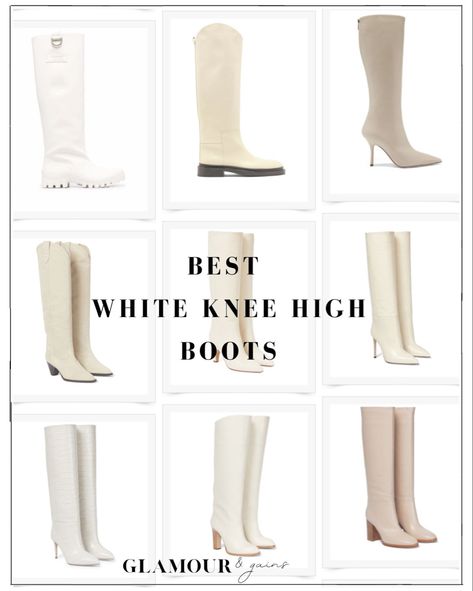 white knee high boots White Suede Boots, Cream Leather Knee High Boots Outfit, Knee High Cream Boots, Ivory Knee High Boots Outfit, White High Knee Boots, Knee High White Boots Outfit, Cream Knee High Boots Outfit, Tall White Boots Outfit, Leather Knee High Boots Outfit