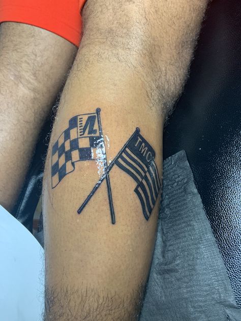 Tmc & VL Flags tattoo #themarathoncontinues #nipseyhussle #nipsey #victorylap Nipsey Flag Tattoo, Tmc Tattoo Nipsey, Marathon Tattoo Nipsey, Two Flags Tattoo, All Money In Tattoo Nipsey Hussle, Tmc Nipsey Hussle Tattoos, All Money In Logo Nipsey Tattoo, Victory Lap Tattoo, Nipsey Tattoo