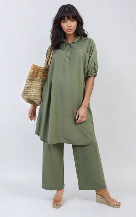 Meet the Dulce Oversized Button Front Shirt & Wide Leg Pants Co-ord Set! This outfits is super comfy and perfect for any chill day. Just button up, slip on the pants, and you're all set. It's cozy, stylish, and easy to wear. Get yours and relax in style! Two Piece Set Pants, Simple Kurta Designs, Trouser Co Ord, Lady Style, Easy Trendy Outfits, Co Ords, Co Ord Set, Kurta Designs, Style Minimalist