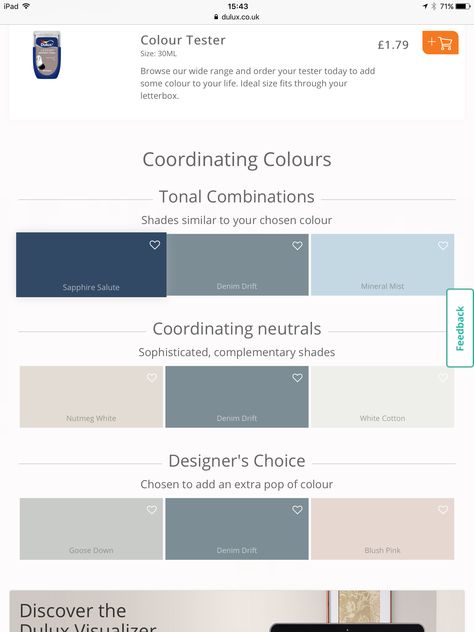 Paint Colours For Open Plan Living, Blue Kitchen Colour Schemes, Dulux Earl Blue, Blue Colour Palette Living Room, Denim Drift Colour Palette, Denim Drift Hallway, Hallway Colour Schemes Dulux Paint Colors, Denim Drift Kitchen, Denim Drift Bathroom