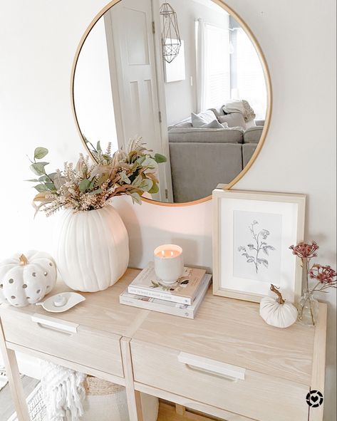 Neutral entryway console table with round gold mirror, DIY pumpkin vase, studio McGee print, candle, coffee table book styling, neutral pumpkin decor, white pumpkin, polka dots, eucalyptus, cream heather bush, rope basket with blanket #affiliate Gold Mirror Diy, Cream And White Bedroom Ideas, Neutral Entryway, White Entryway Table, Cream And White Bedroom, Console Table Entryway, Round Gold Mirror, Pumpkin Vase, White Console Table