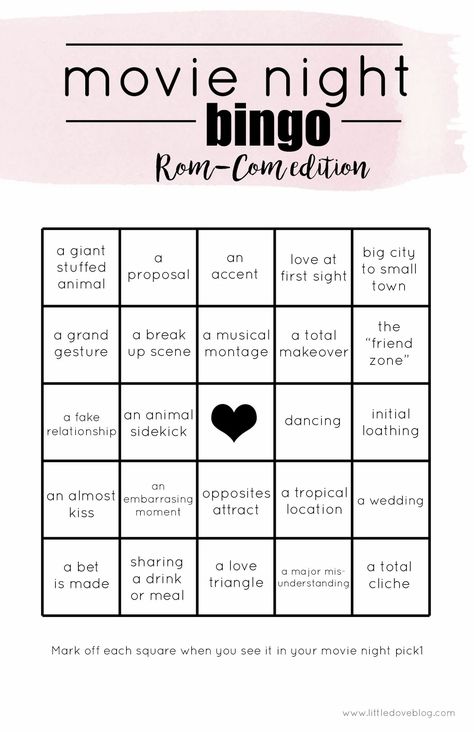 Rom-Com movie night bingo free printable. #printable #movies Movie Night Bingo, Galentines Movie Night Ideas, Movie Club Ideas, Movie Bingo Template, Bachelorette Movie Night Ideas, Romcom Bachelorette Party, Rom Com Party Theme, Rom Com Birthday Party, Galentines Movie Night