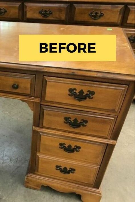 Looking for some painted furniture inspiration? you'll be impressed with this wooden desk before and after photos and color combos. #diy #desk #makeover Paint Wooden Desk, Antique Desk Makeover, Vintage Desk Makeover, Dipped Furniture, Refinished Desk, Upcycle Desk, Refurbished Desk, Desk Makeover Diy, Raw Wood Furniture