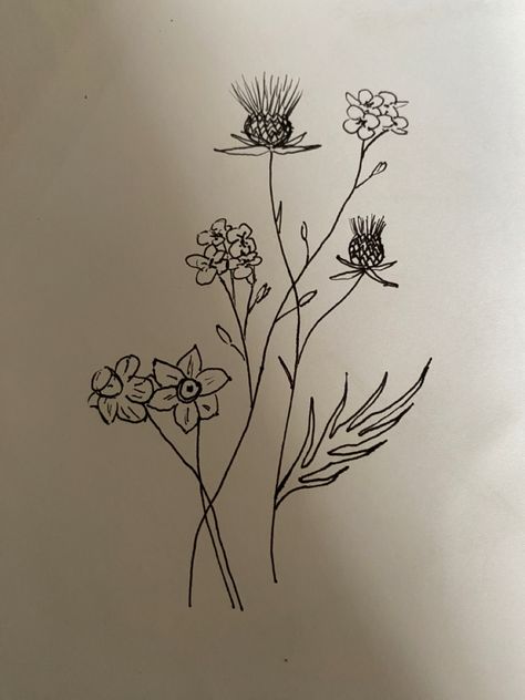 Forget Me Not Tattoo, Thistle Tattoo, Tattoo Hip, Daffodil Tattoo, Line Work Tattoo, Hip Tattoo, Forget Me Not, Daffodils, Tatting