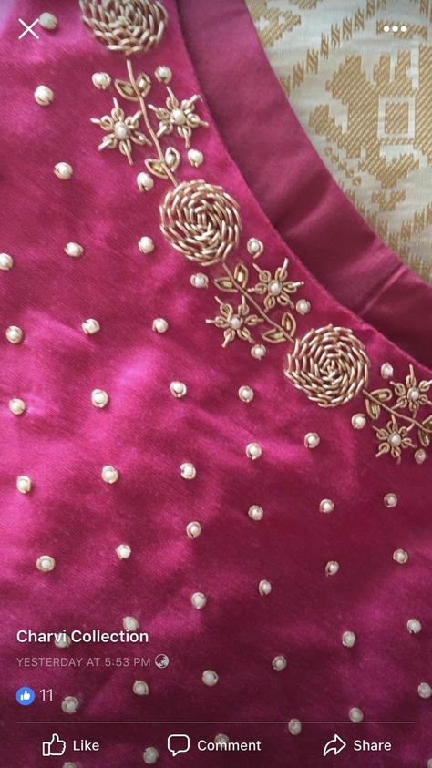 Jardoshi Work Blouse New, Neck Hand Work Designs For Kurtis, Jardoshi Work Design Kurti, Katdana Work Designs, Jardoshi Work Design Blouse, Handwork Chaniyacholi, Jardoshi Work Design, Pearl Work Blouse Designs, Zardosi Work